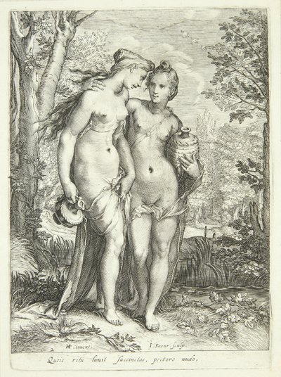 Zwei von Dianas Nymphen mit Krügen von Jan Saenredam