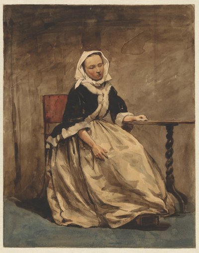Sitzende Frau neben einem kleinen Tisch von Jan Weissenbruch