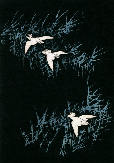 Drei Kraniche in einer schwarzen Landschaft von Japanese School