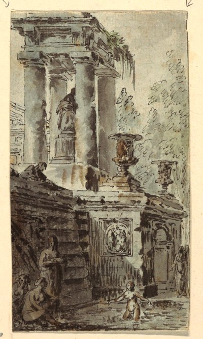 Architektonische Fantasie mit badenden Figuren von Jean Charles Delafosse