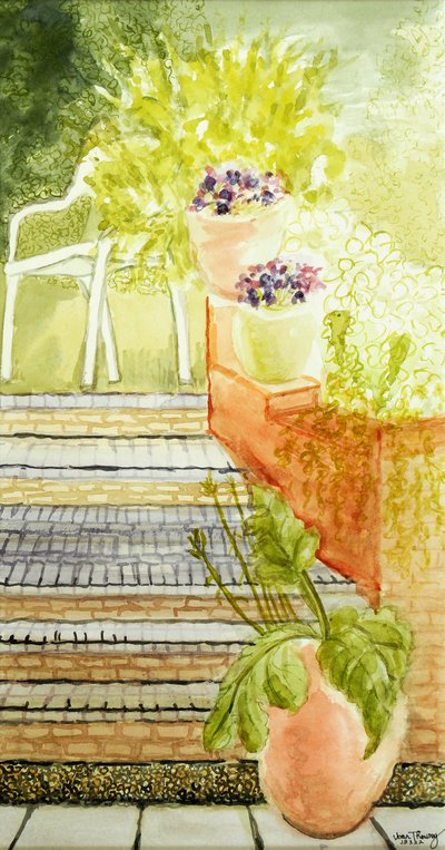 Cynthias Garten; Stufen und Töpfe von Joan Thewsey