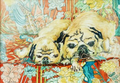 Möpse auf einem chinesischen Drucksofa, 2000 von Joan Thewsey