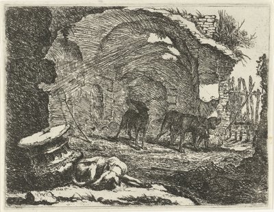 Vier Hunde bei einer Ruine von Joannes Fijt