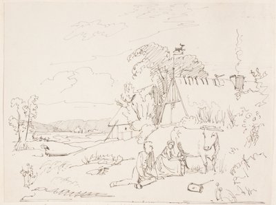 Eine Melkszene, eingeklebt auf Seite 14 von Johan Thomas Lundbye
