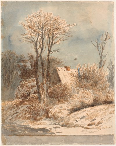 Schneelandschaft mit Haus zwischen Bäumen von Johan Thomas Lundbye