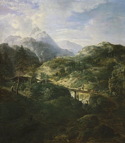 Gebirgslandschaft mit Brücke von Johann Jakob Dorner der Jüngere
