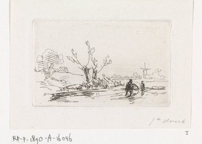 Schlittschuhläufer bei Kopfweiden von Johannes Franciscus Hoppenbrouwers