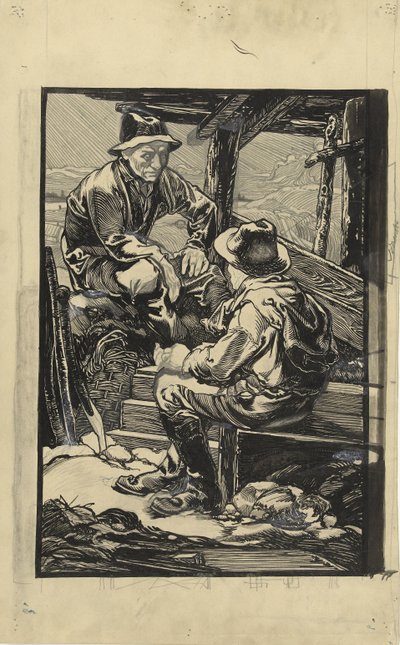 Zwei Deicharbeiter in einer Holzhütte von Johannes Josephus Aarts
