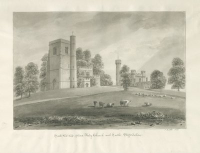 Arley Kirche und Schloss: Sepia-Zeichnung von John Buckler