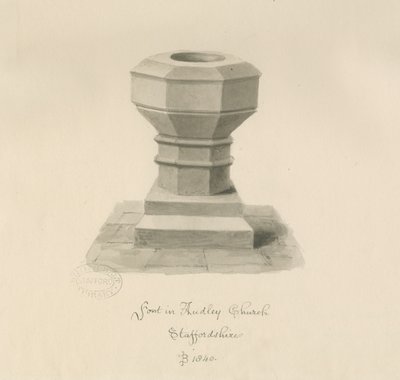 Taufbecken in Audley Kirche: Sepiazeichnung, 1840 von John Buckler