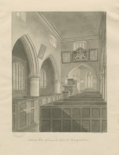 Innenraum der Cannock-Kirche: Sepia-Zeichnung von John Buckler