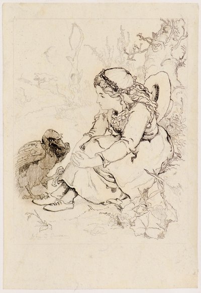 Sitzendes Mädchen und großer Vogel von John Duncan