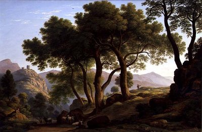 Eine romantische bewaldete Landschaft von John Glover