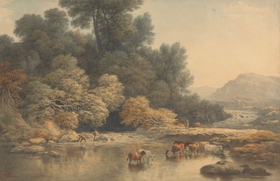 Hügelige Landschaft mit Fluss und Vieh von John Glover
