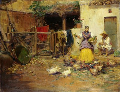 Hühner füttern von Jose Benlliure y Gil