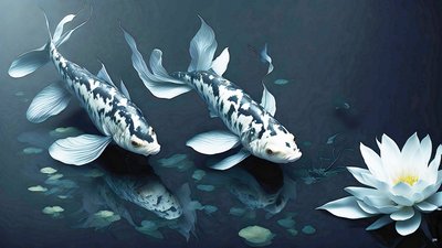 Tintenmalerei: Koi-Karpfen weißer Marmor 02 von Josef Johann Michel