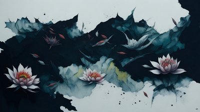 Tintenmalerei: Seerose schwarz 02 von Josef Johann Michel
