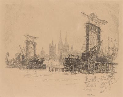 Bau der London Bridge von Joseph Pennell