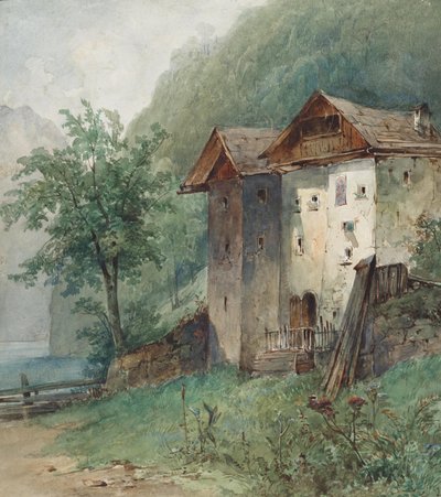 Häuser an Gebirgssee von Joseph Selleny