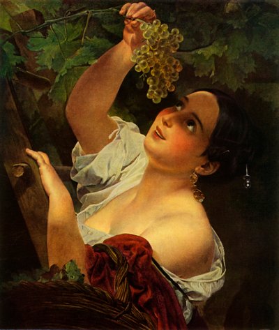 Italienischer Mittag, Italienisches Mädchen beim Traubenpflücken von Karl Pavlovich Bryullov