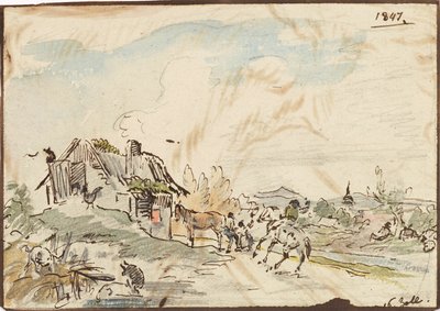 Ländliche Idylle, Bauernhaus mit Pferden von Karl Pischinger