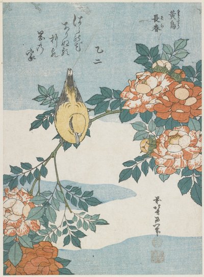 Schwarzgenickpirol und Chinarose, ca. 1833 von Katsushika Hokusai