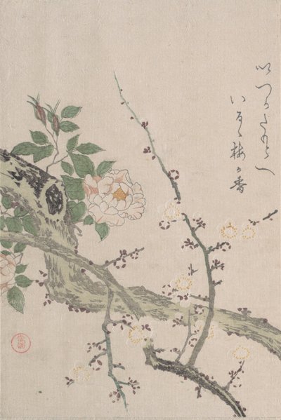 Rosen und Pflaumenblüten, 19. Jahrhundert von Kubo Shunman