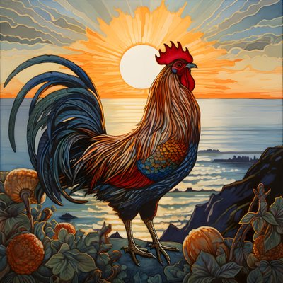 Ein krähender Hahn bei Sonnenaufgang von Kurt Heppke