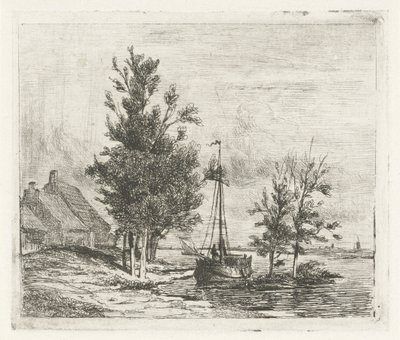 Flusslandschaft mit Segelschiff und Bauernhof von Lambertus  Hardenberg