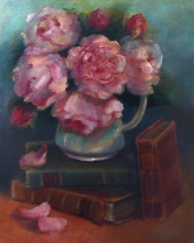 Pfingstrosen und Bücher von Lee Campbell