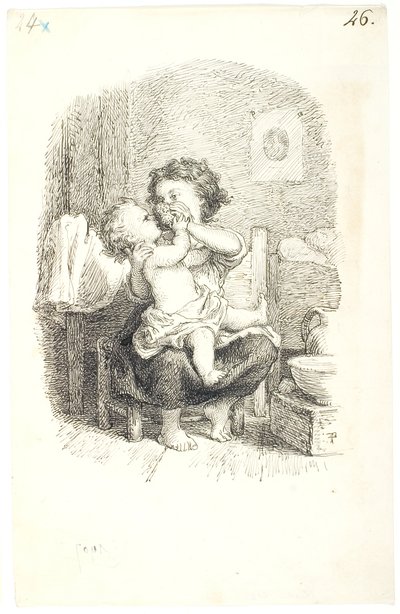 Kleines Mädchen badet ein kleineres Kind von Lorenz Frølich