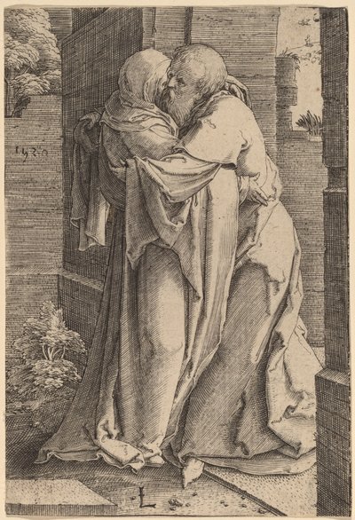 Der heilige Joachim umarmt die heilige Anna von Lucas van Leyden