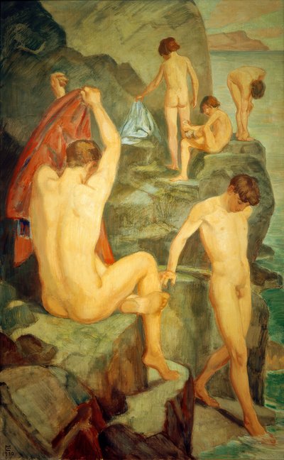Badende am schwarzen Felsen von Ludwig von Hofmann