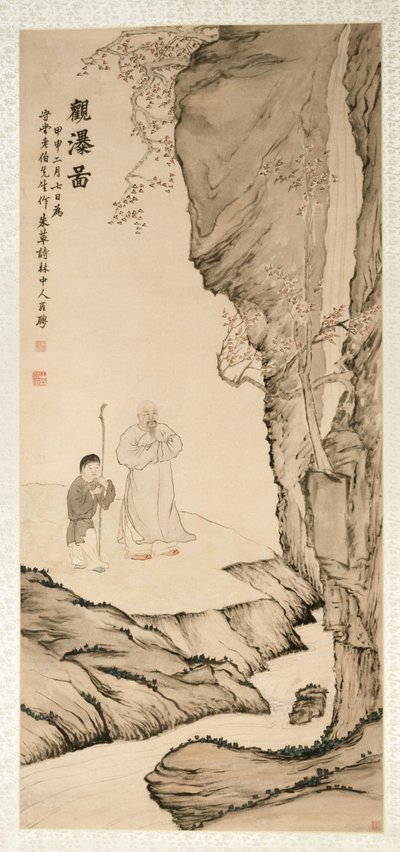 Gelehrter beobachtet den Wasserfall von Luo Ping