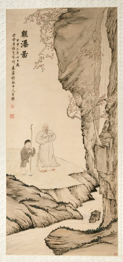 Gelehrter beobachtet den Wasserfall, 1764 von Luo Ping