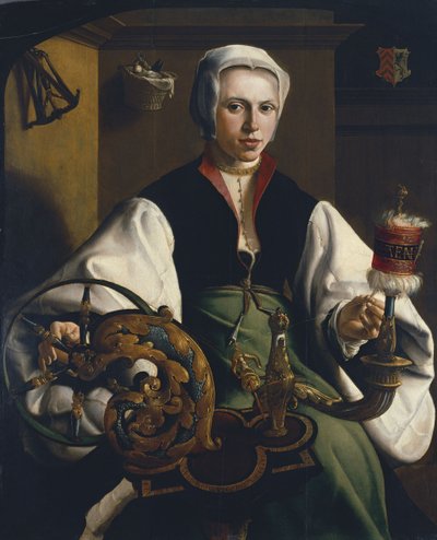 Porträt einer Dame beim Spinnen von Maarten van Heemskerck