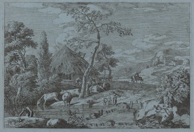 Vieh und Figuren an einem Bauernhofbach von Marco Ricci