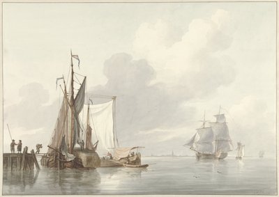 Flussansicht mit vertäuten Schiffen von Martinus Schouman
