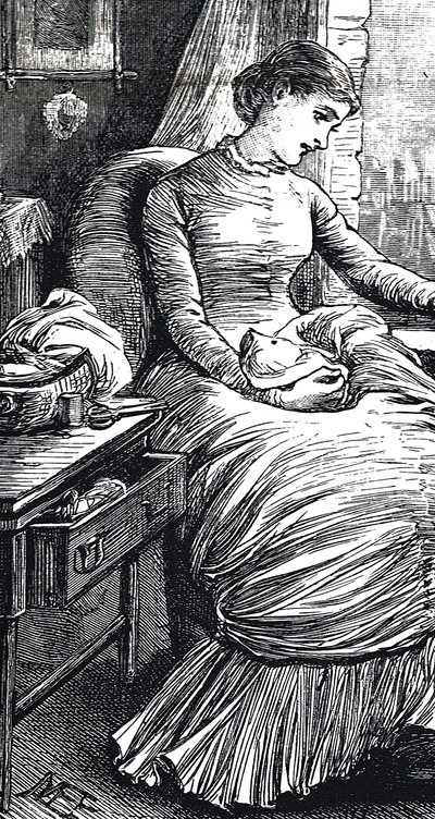 Frau, die von ihrer Flickarbeit pausiert von Mary Ellen Edwards