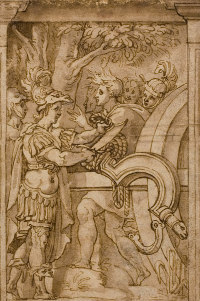 Alexander durchtrennt den Gordischen Knoten von Maturino da Firenze