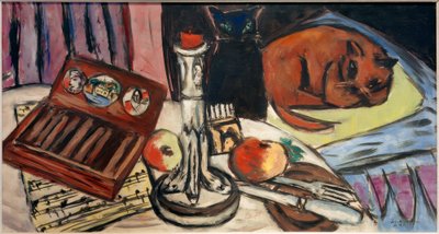 Stilleben mit silbernem Leuchter (Stilleben mit Katzen) von Max Beckmann