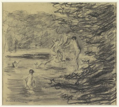 Badende Jungen in einem Waldteich von Max Liebermann
