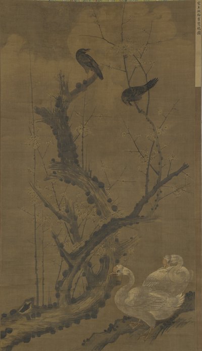 Mynahs, Gänse und blühender Pflaumenbaum von Ming Dynasty Chinese School