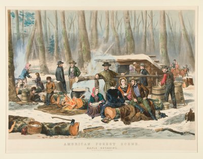Amerikanische Waldszene, Ahornzuckerherstellung von Nathaniel Currier