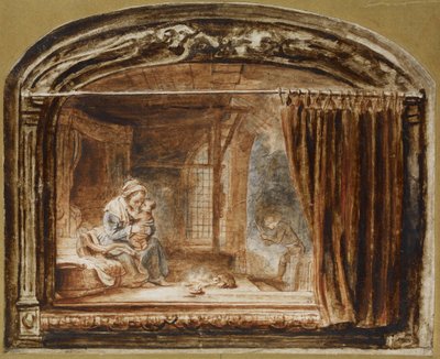 Die Heilige Familie mit Joseph, der Holz schneidet von Nicolaes Maes