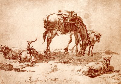 Weide mit Esel, Ziege und Schaf von Nicolaes Pietersz. Berchem