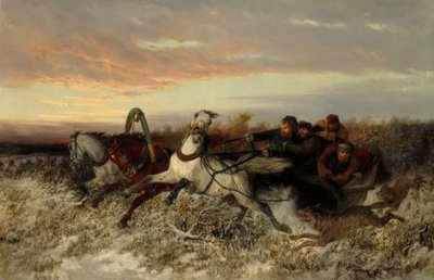 Pferdeschlitten, von Wölfen verfolgt von Nikolai Jegorowitsch Swertschkow