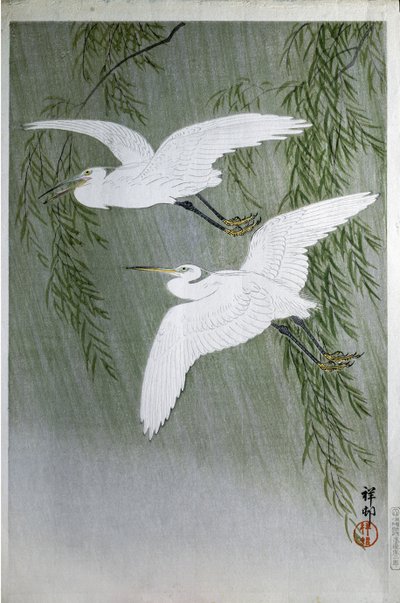 Zwei Reiher fliegen frei, 1907 (Farbholzschnitt) von Ohara Koson