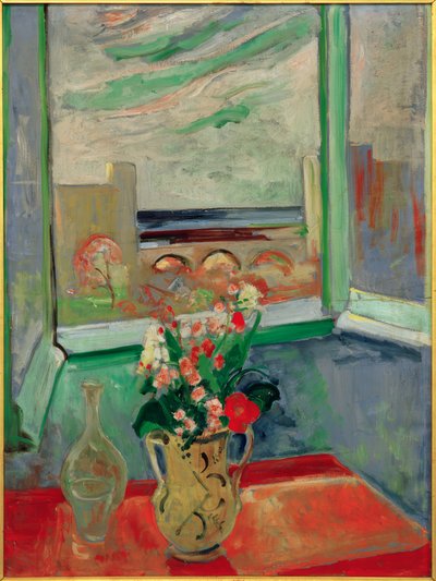 Levanto I: Blumenstrauß am Fenster mit Brücke von Oskar Moll