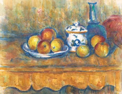 Stillleben mit blauer Flasche, Zuckerdose und Äpfeln von Paul Cézanne